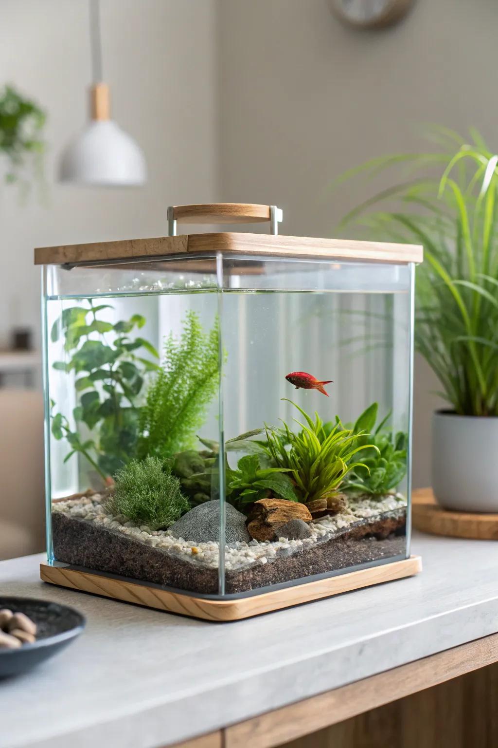 Eco-conscious elegance featuring sustainable materials in a betta habitat.