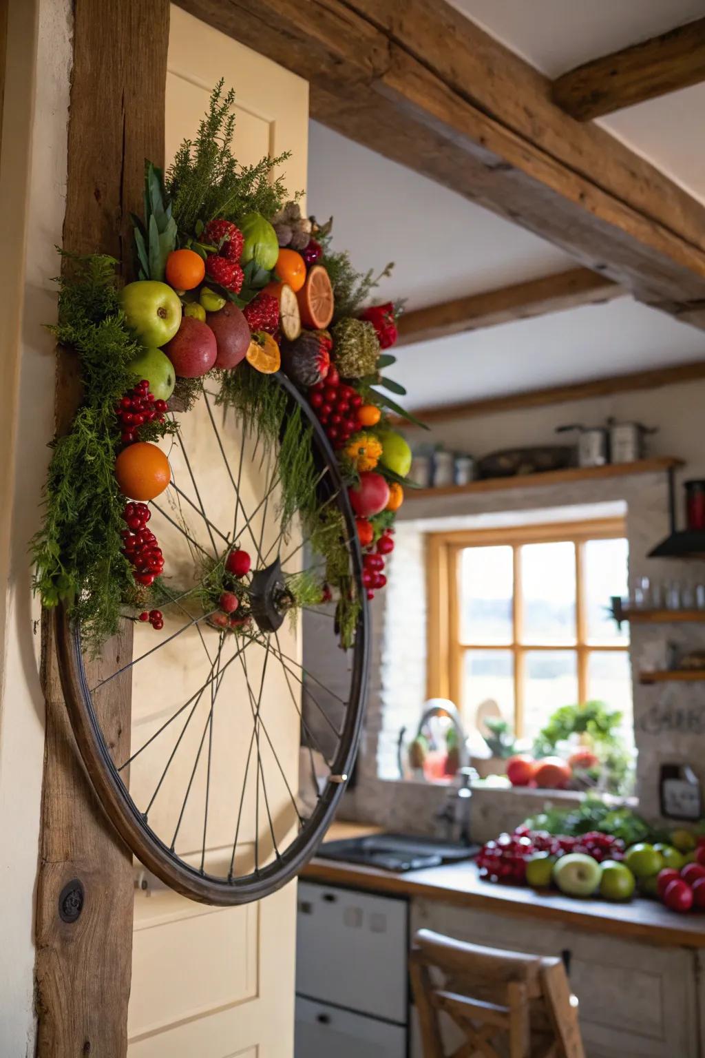 A harvest-themed bike wheel decoration with fruits and vegetables for a fresh look.