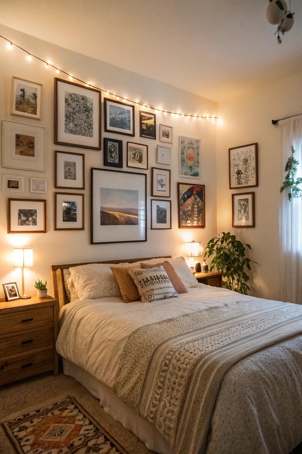 A spacious bedroom featuring a curated display wall of personal art.