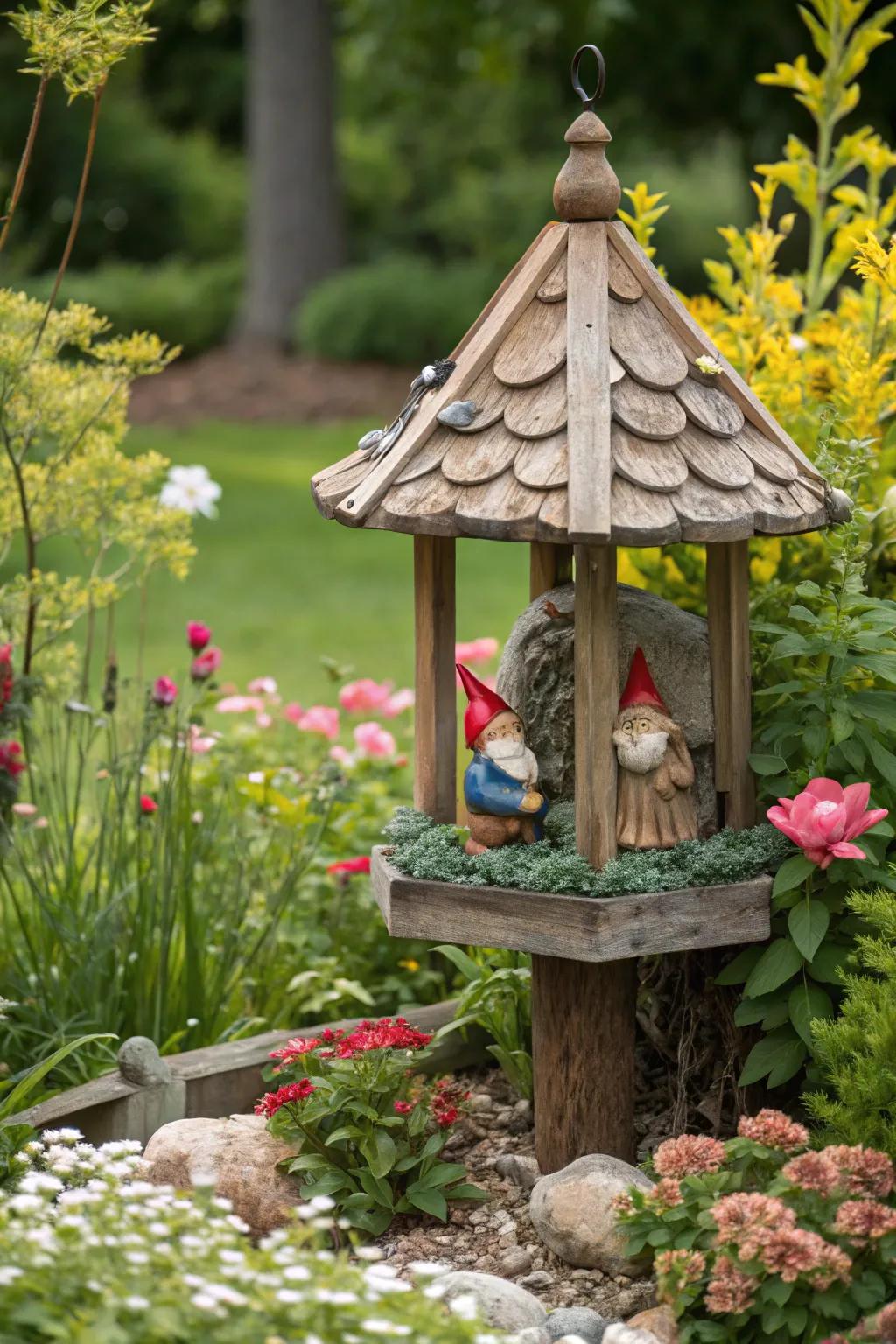 A fun gnome feeder that is sure to add charm to any garden.