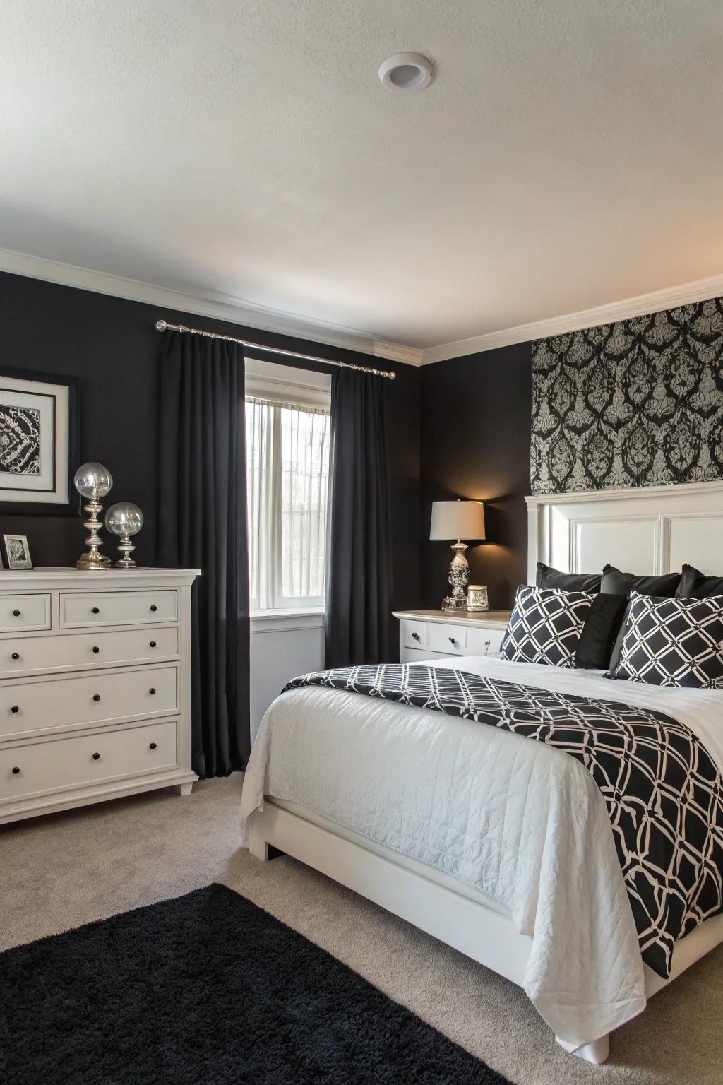 Monochrome tones create a sophisticated look with a black statement wall.
