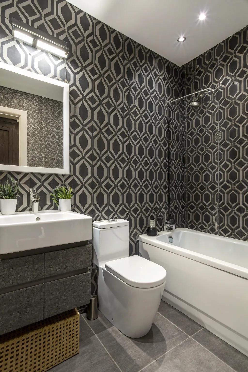 A bathroom decorated with patterned wallpaper for a distinctive style.