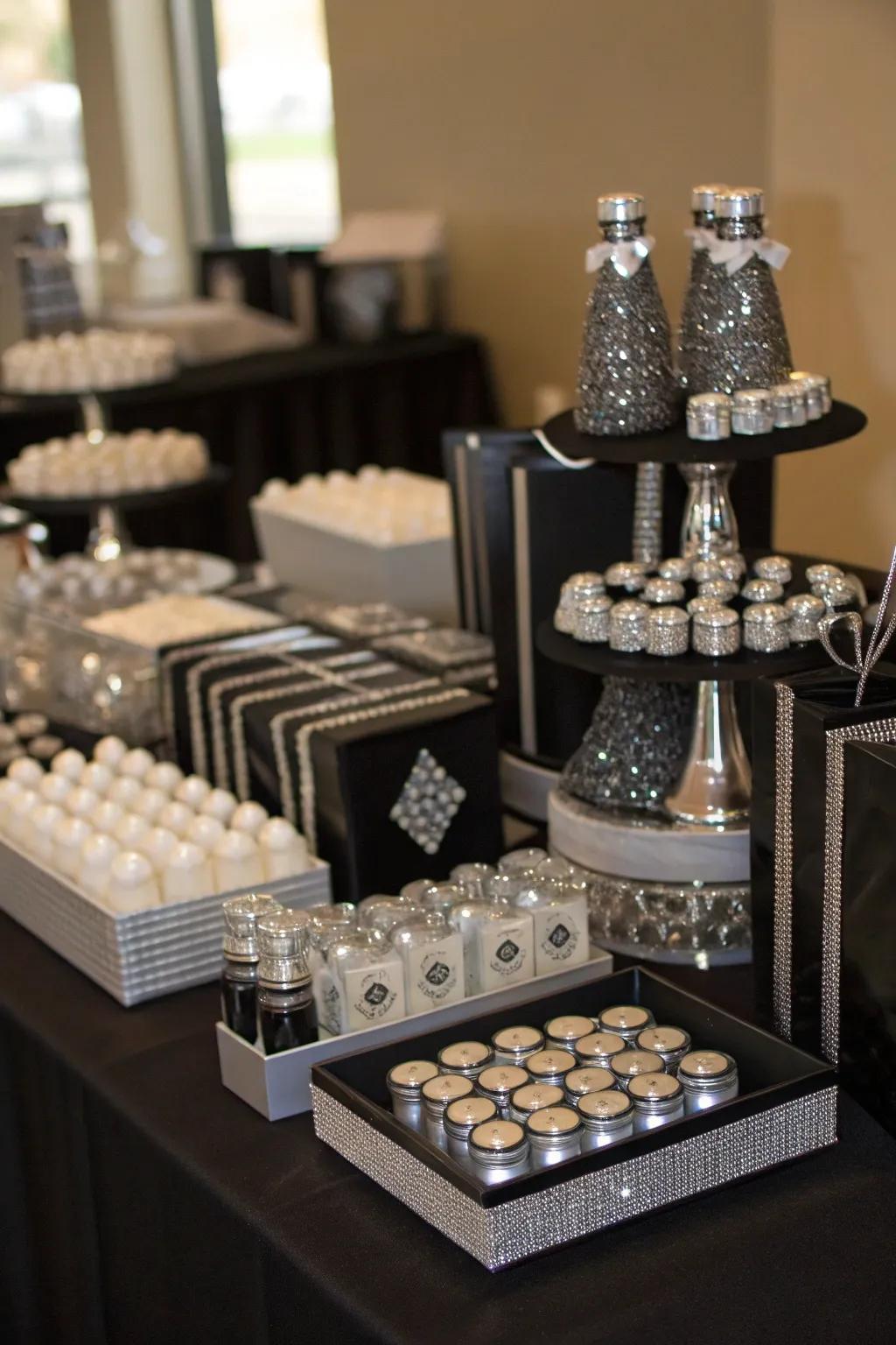 Considerate celebration favors in a stylish onyx and argent theme.
