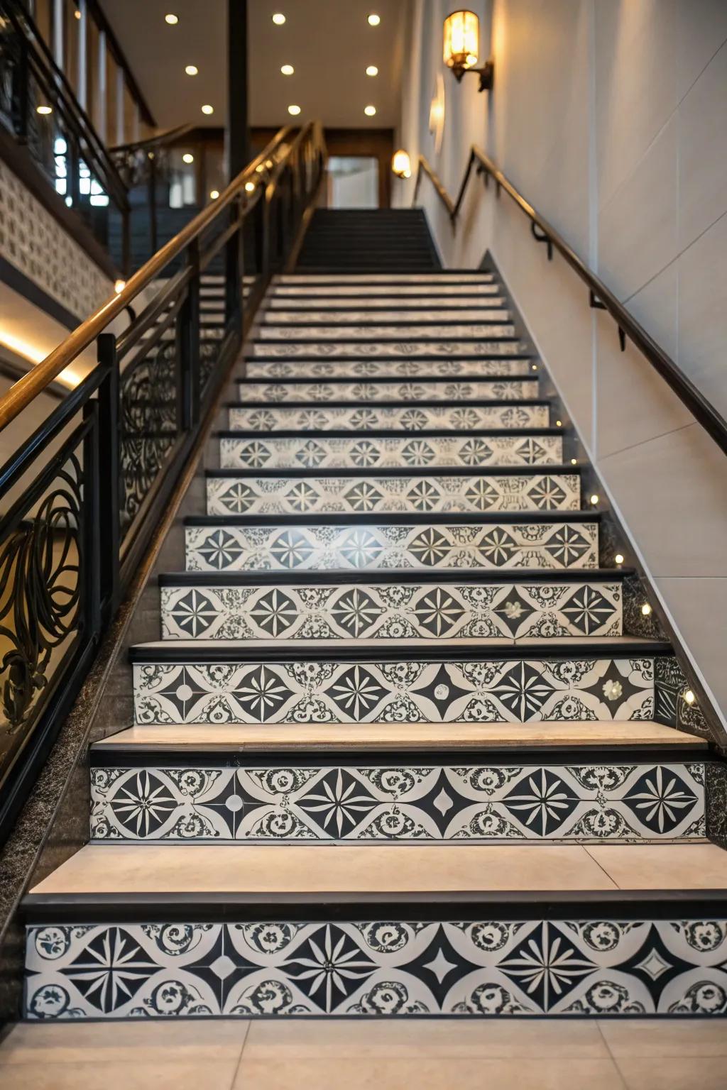 Symmetrical patterns bring harmony to a black and white staircase.