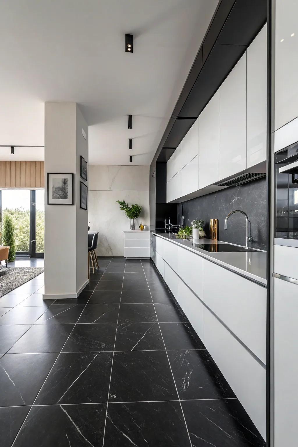 A monochrome cooking area where ebony floors fashion a cohesive sketch.