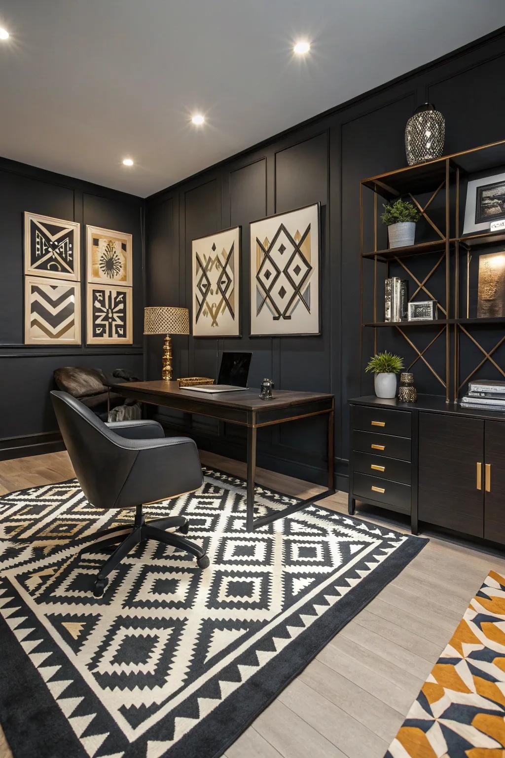 Geometric designs introduce playfulness and sophistication to a charcoal office.