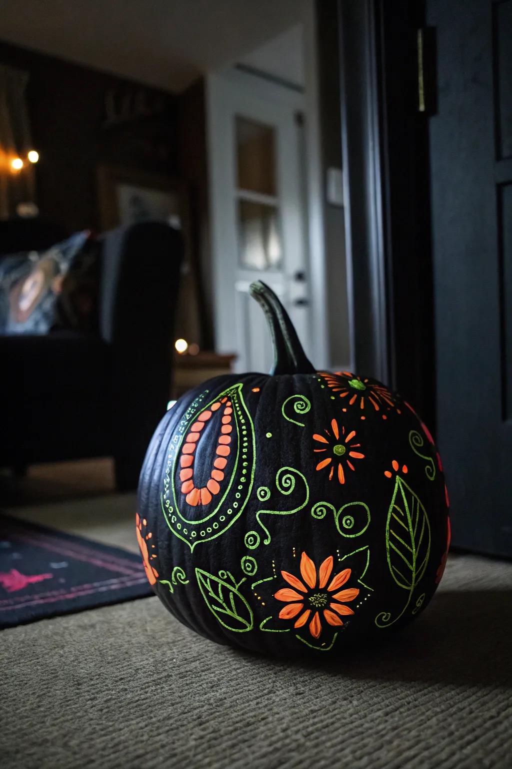A dark-colored pumpkin with radiance-in-the-dark designs, introducing a magical touch to nighttime design.