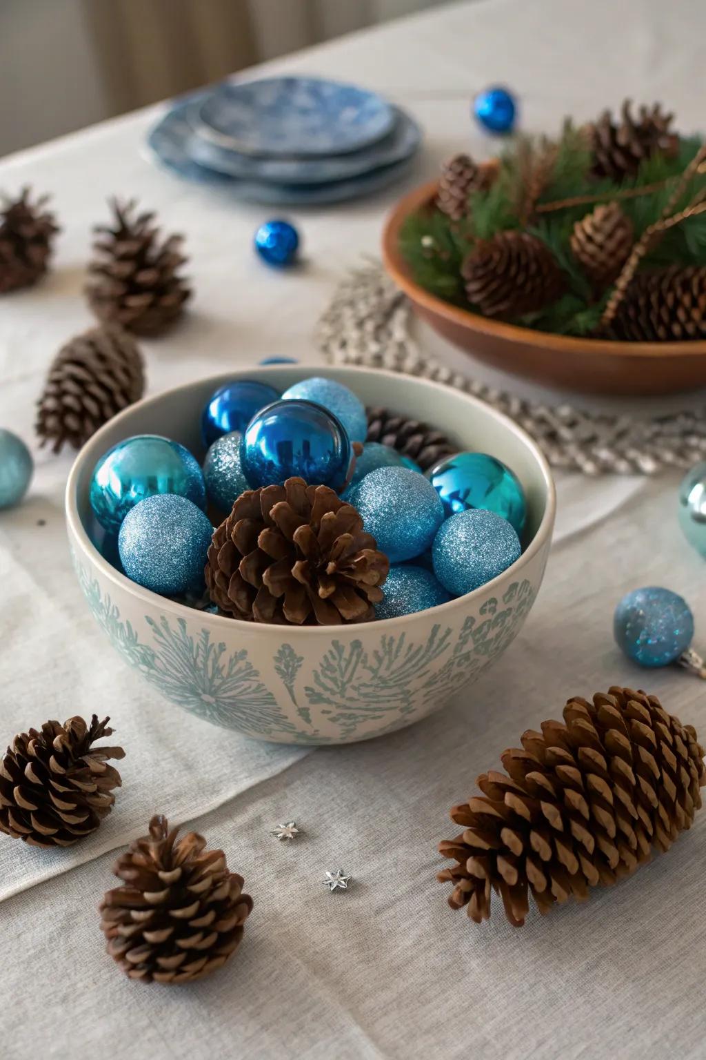 Simplistic and striking exhibition of azure baubles and cones