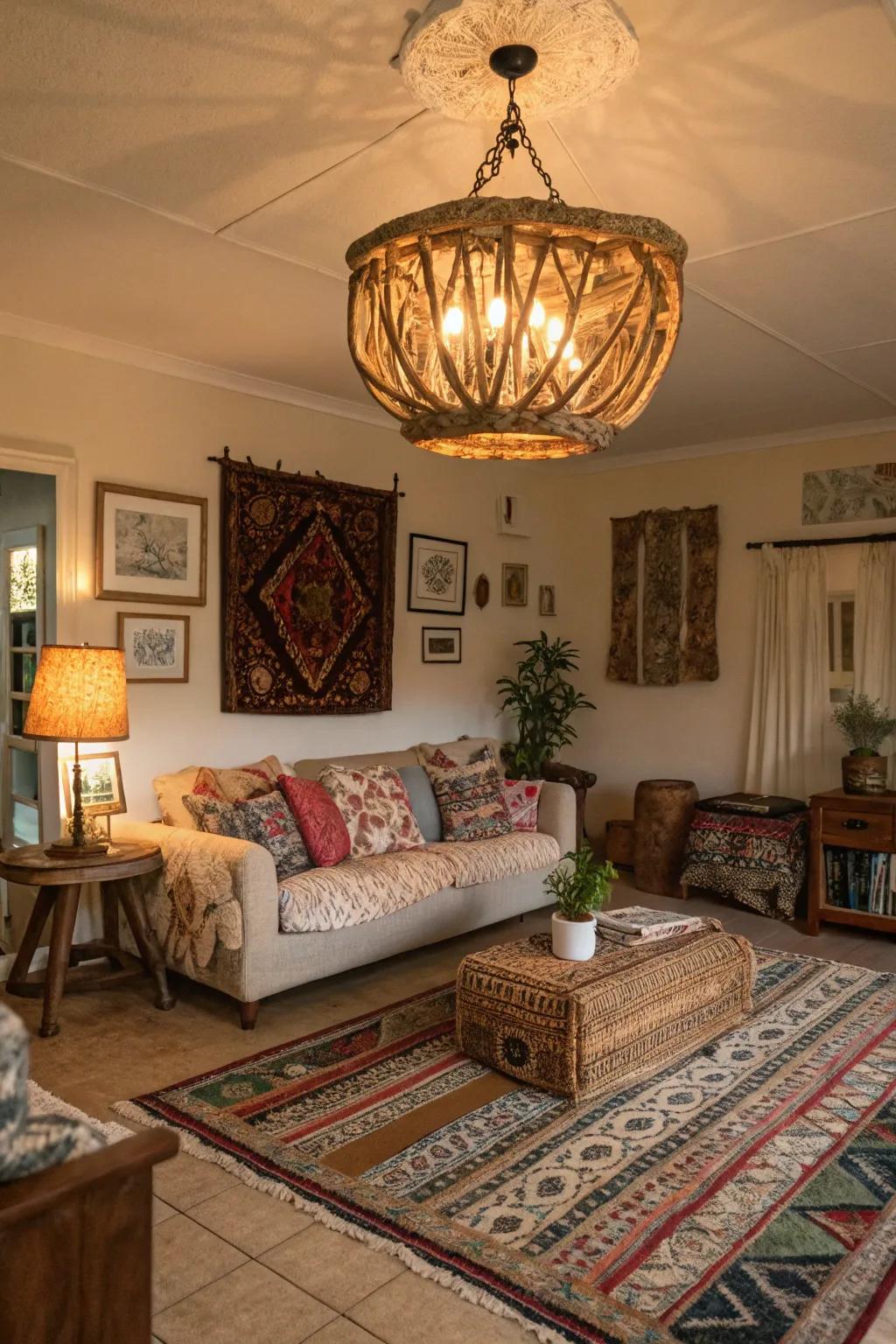 A seaside wood illumination assembly includes a bold, artistic touch to this boho living room.