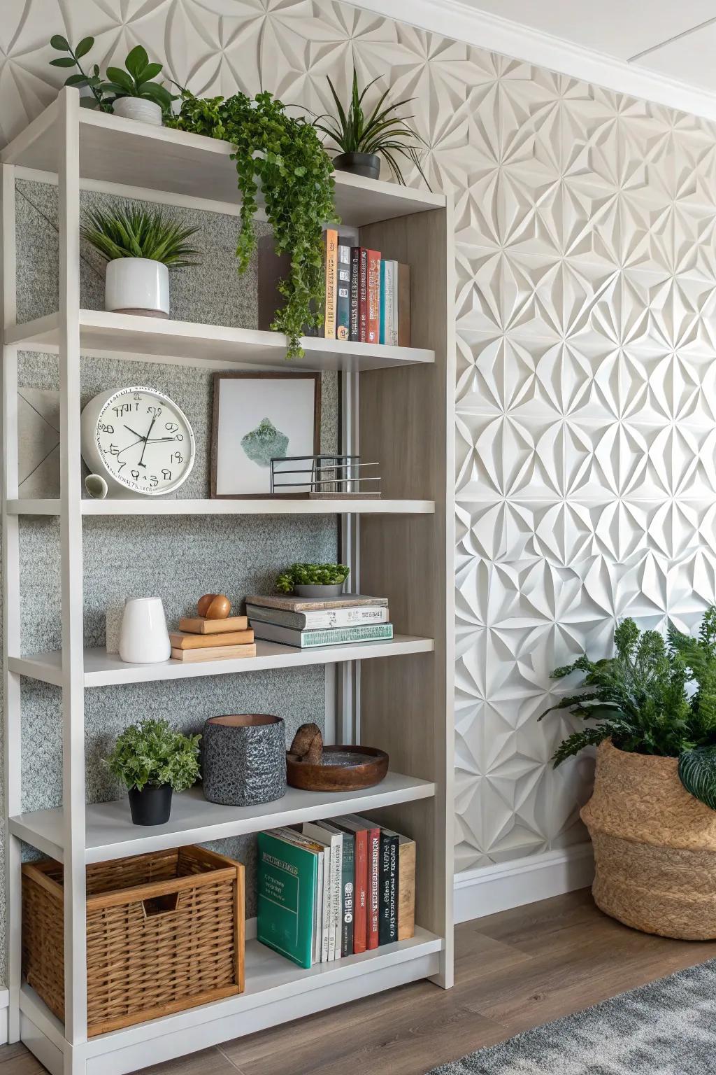A bookshelf featuring elevated woven wallpaper, infusing added dimension and intrigue.