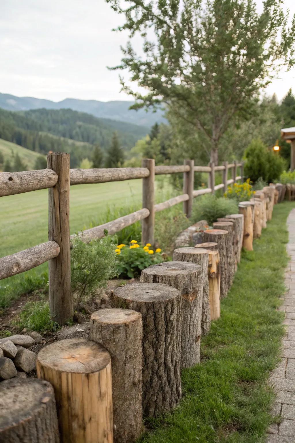 Logs add rustic charm to fence bases.