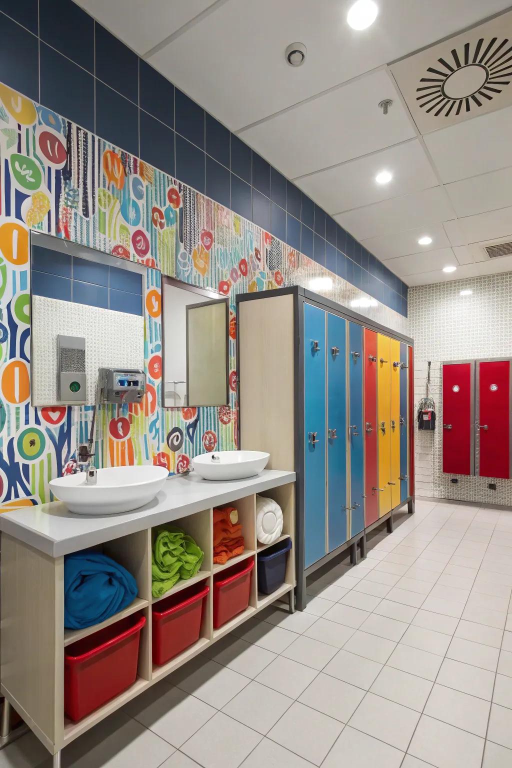Innovative stowage solutions sustain a boys' lavatory organized.