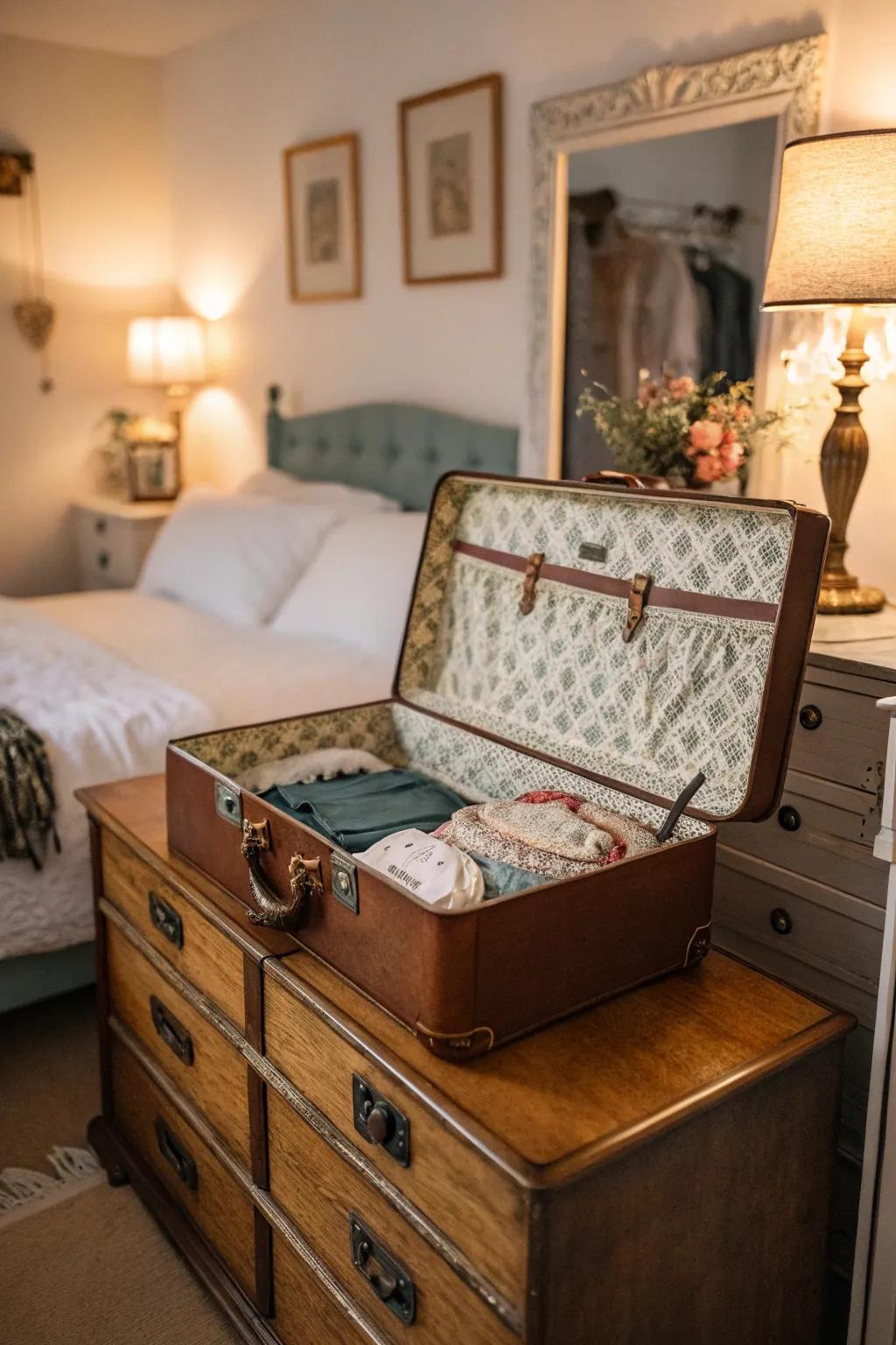 Introduce personality with a vintage suitcase for bra storage.