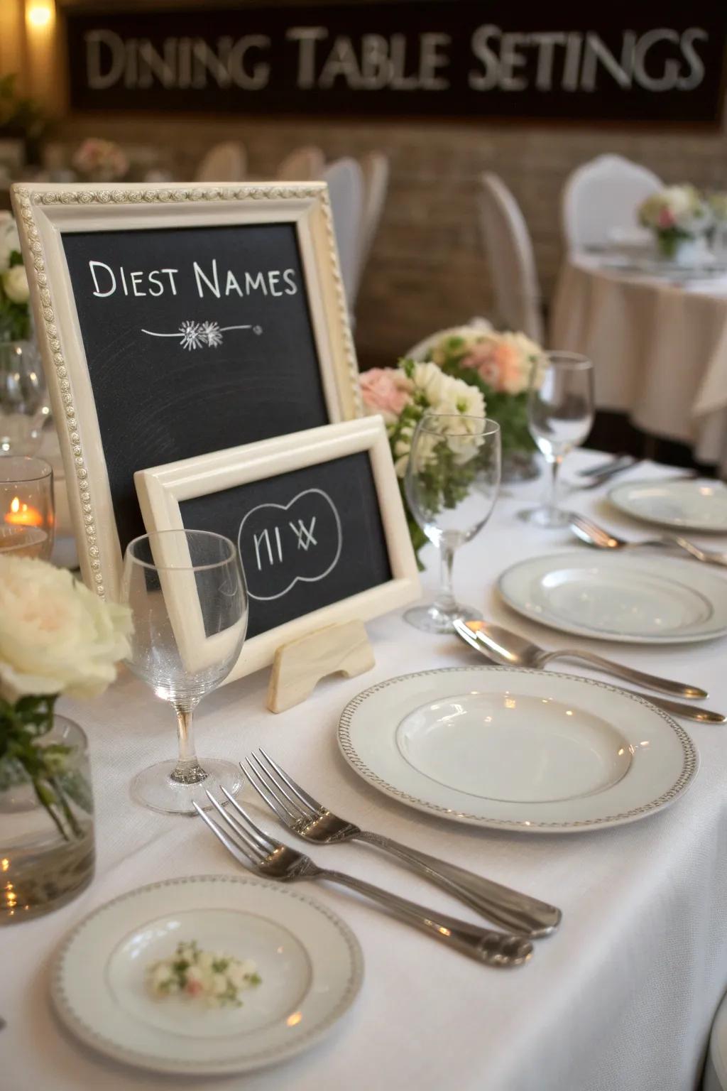Slateboard seating markers infuse a personalized hint into each table setting.