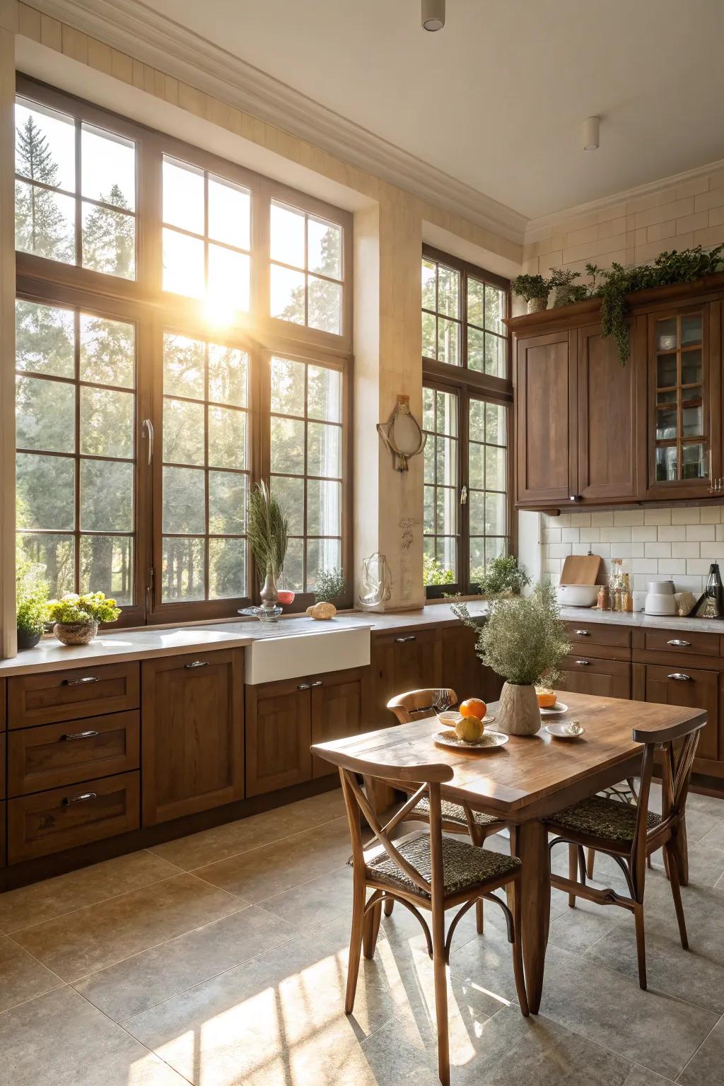 Native illumination enhances the beauty of brown shades in the kitchen.