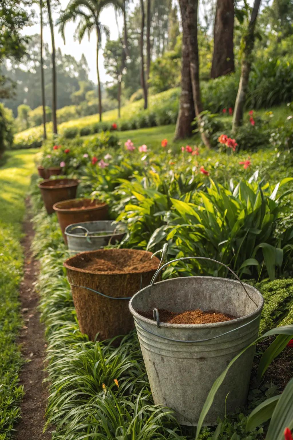Containers lined with coconut fibers enhancing plant development and moisture management.