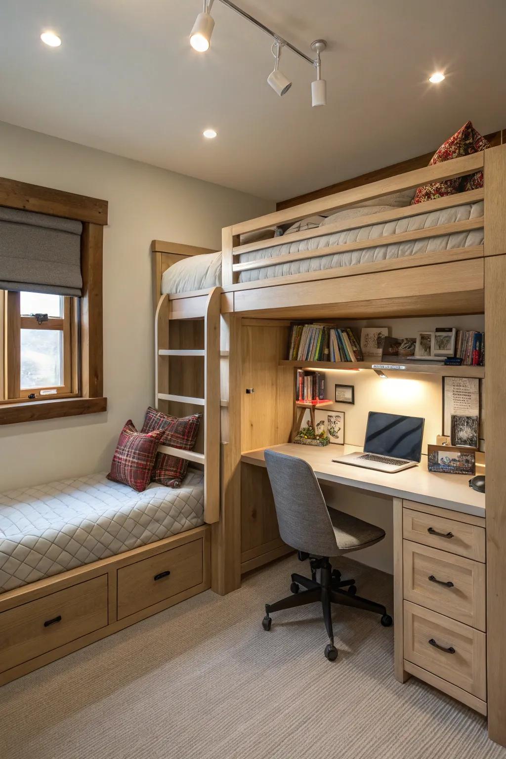 Study and rest: a bunk bed featuring an integrated desk.