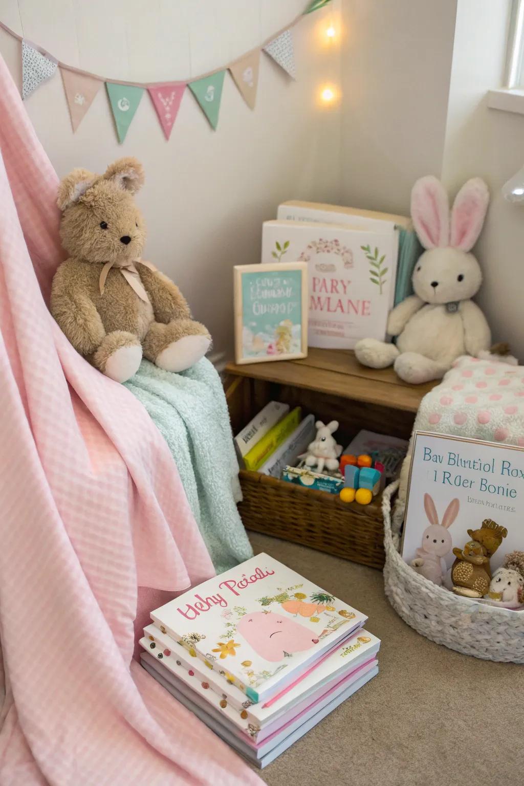 A cozy story corner with rabbit-concept books and plush toys.