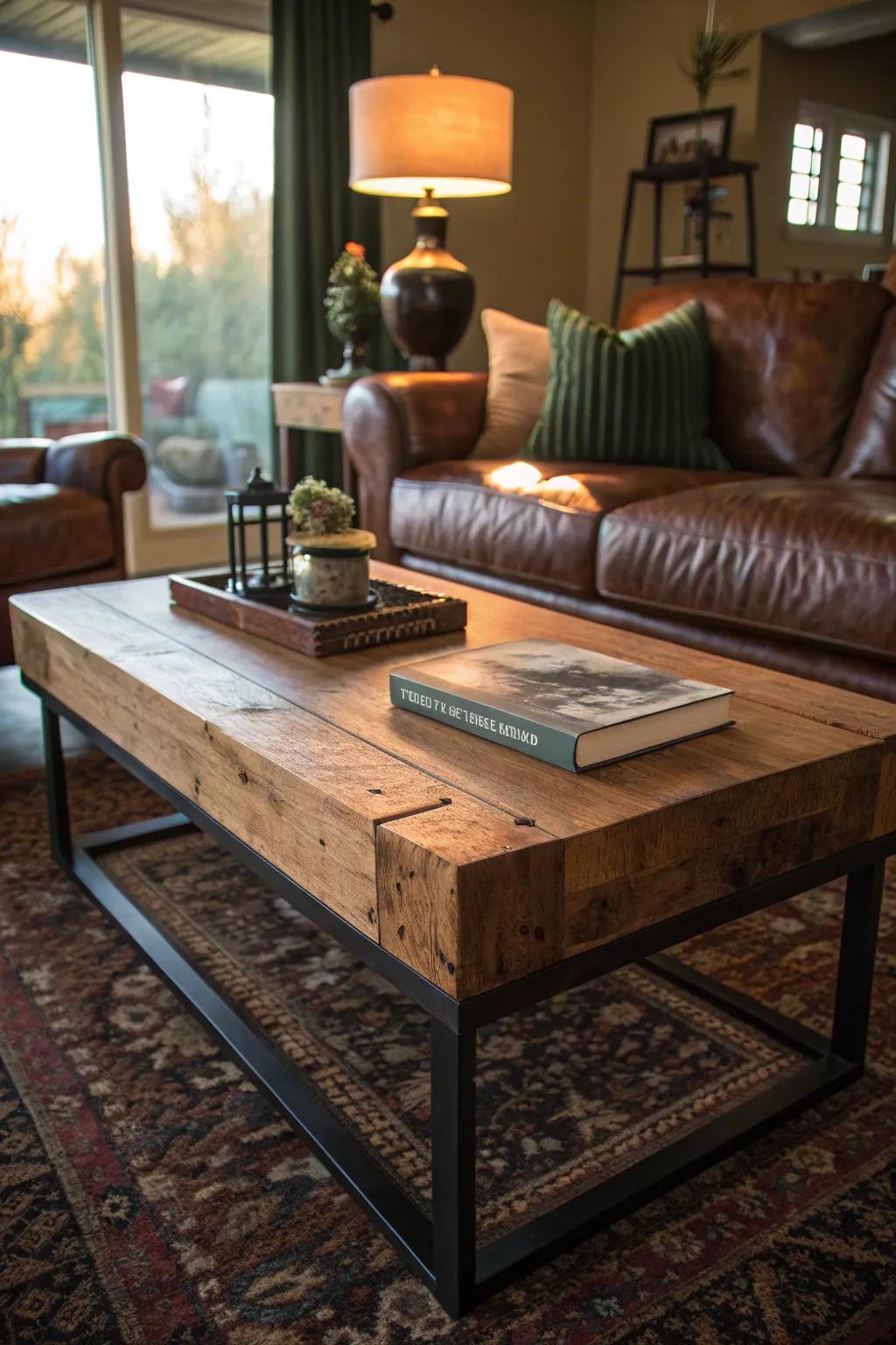 Anchor your family room with a distinctive and functional wooden lounge table. #LivingRoomStyle #HomeDecor #WoodenSurface