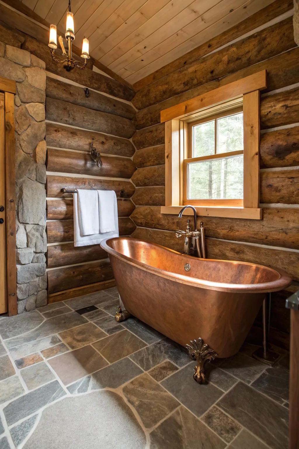 A cabin bathroom with a copper tub as a center of attention.