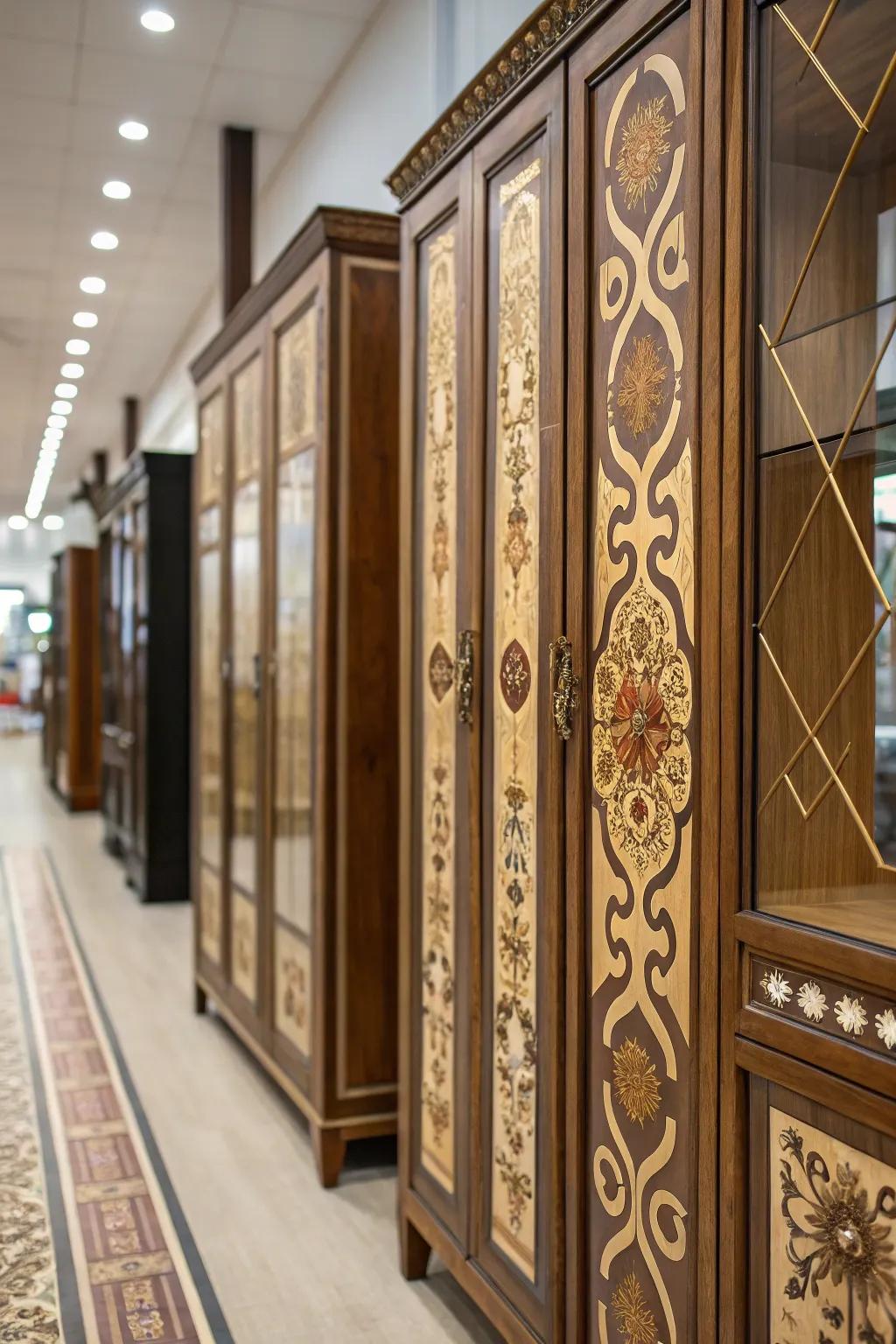 Marquetry inlays deliver an artistic and luxurious cabinetry hint.