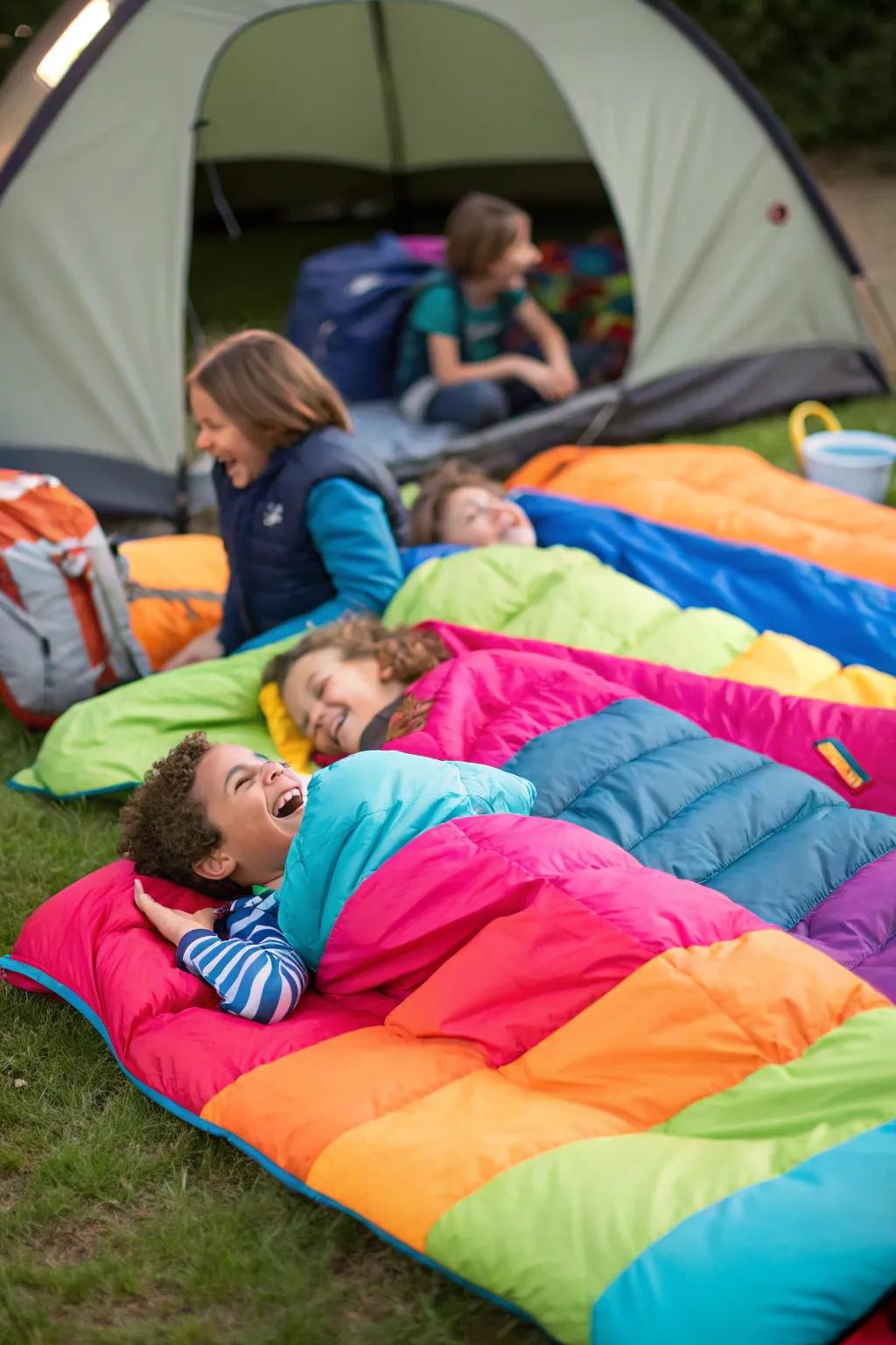 Colorful sleeping bags adding a cozy outdoor ambiance.