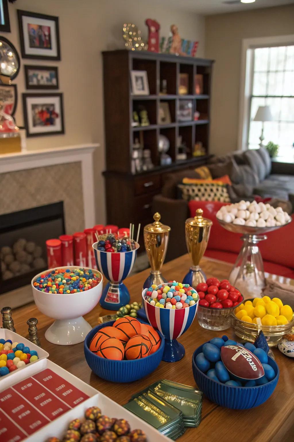 A confectionery display designed for sports fanatics.
