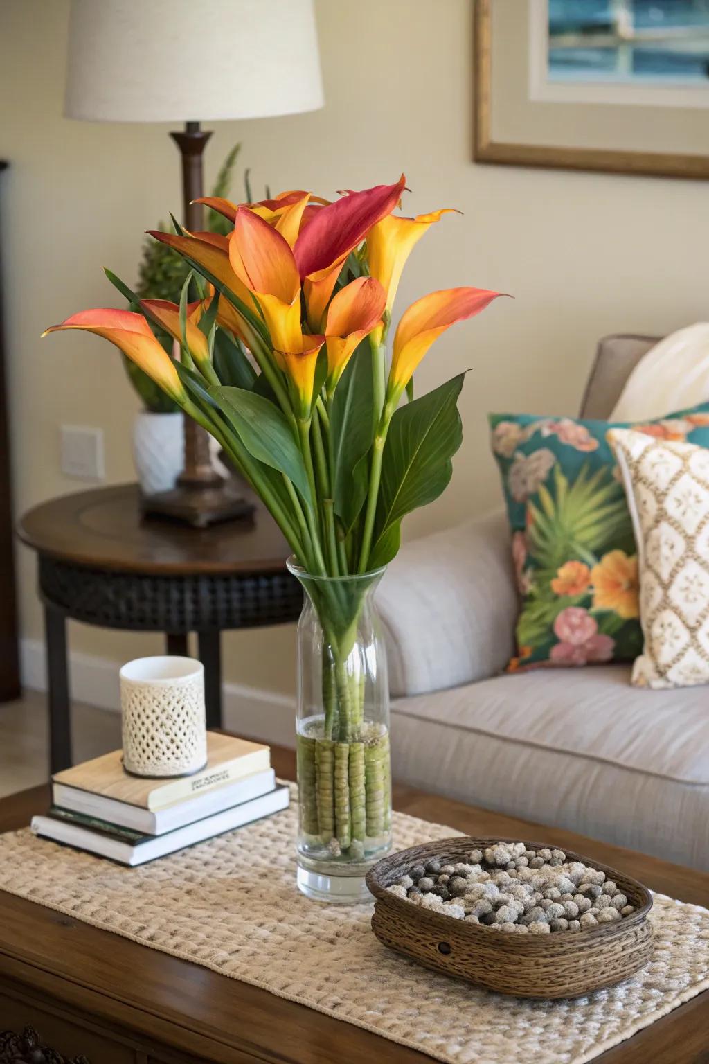 Bring the tropics indoors with blooming stick displays.