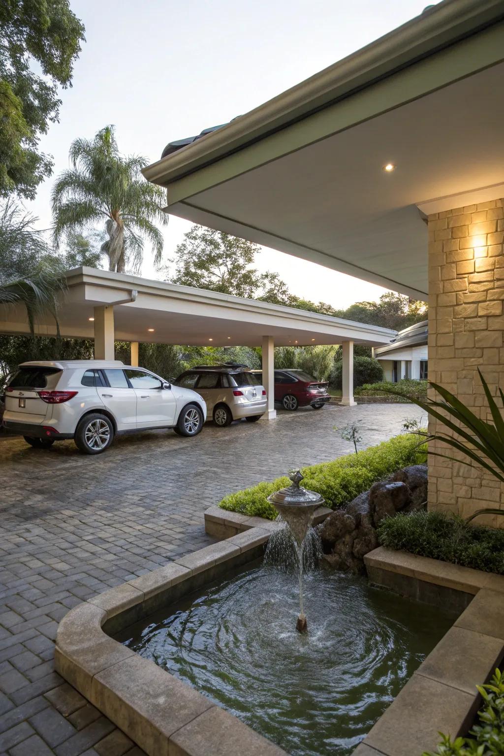 A carport with a water feature, adding tranquility and charm to the outdoor space.