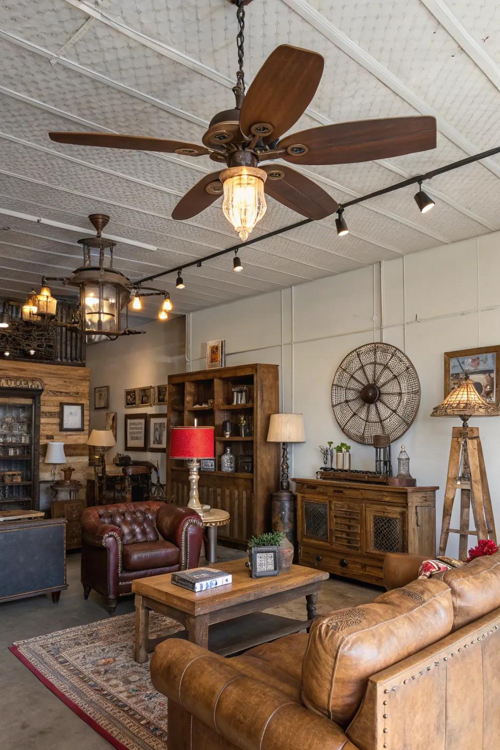 Mix styles with a vintage industrial ceiling fan.