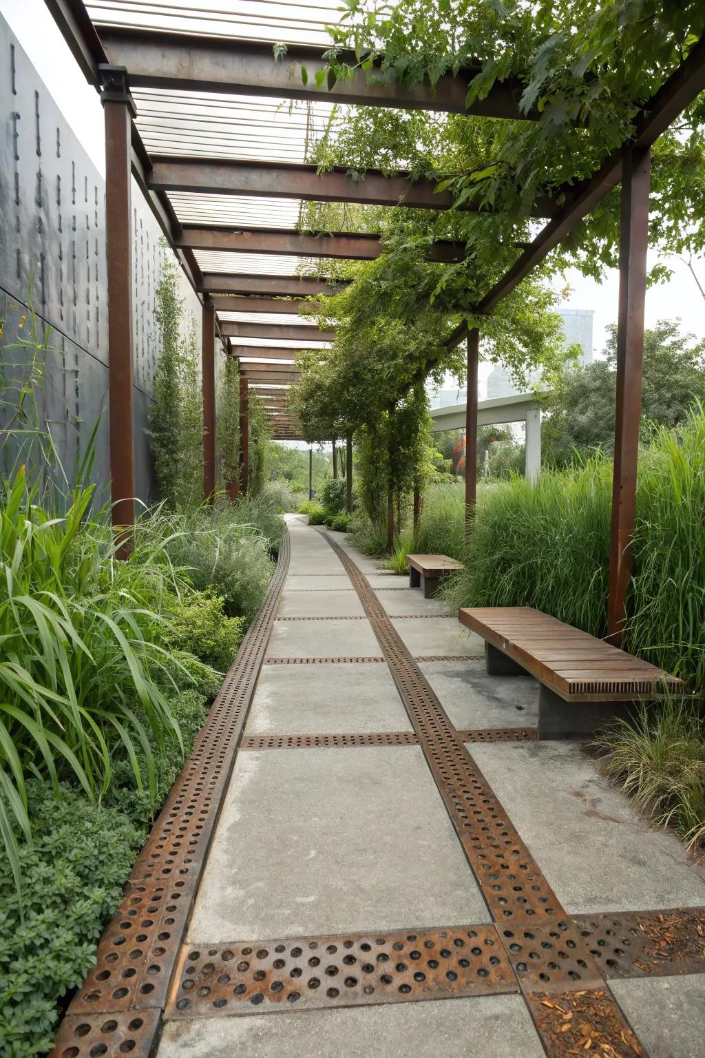 Industrial cement path featuring steel inlays for a modern touch.