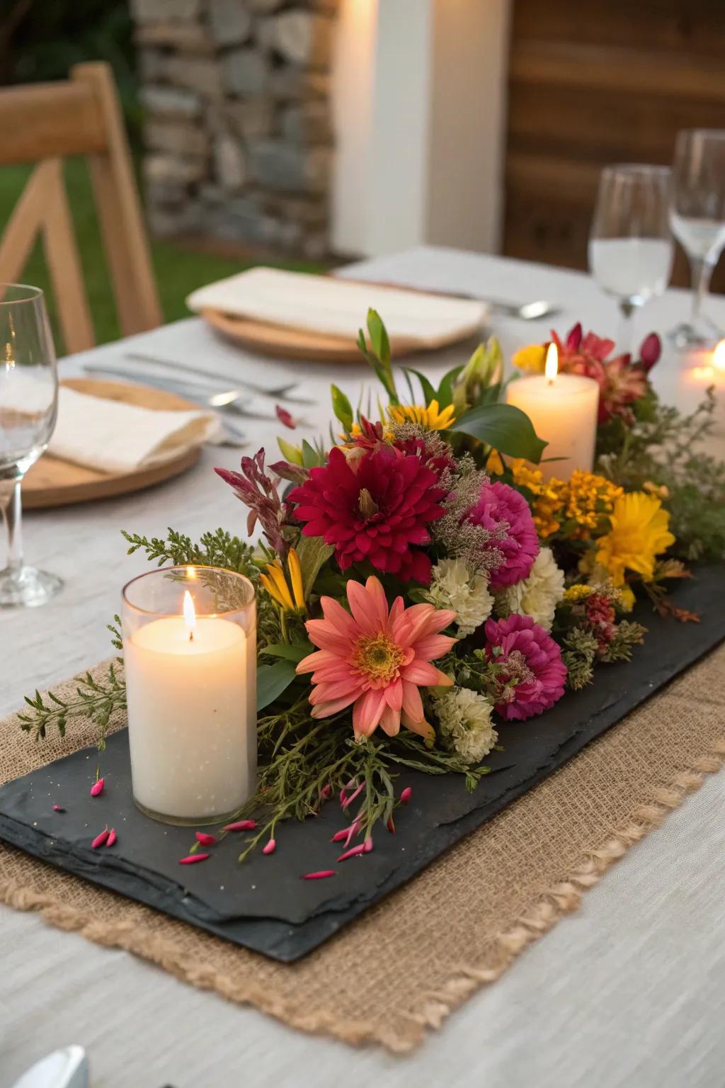 Contemporary elegance offering a slate piece centerpiece foundation.