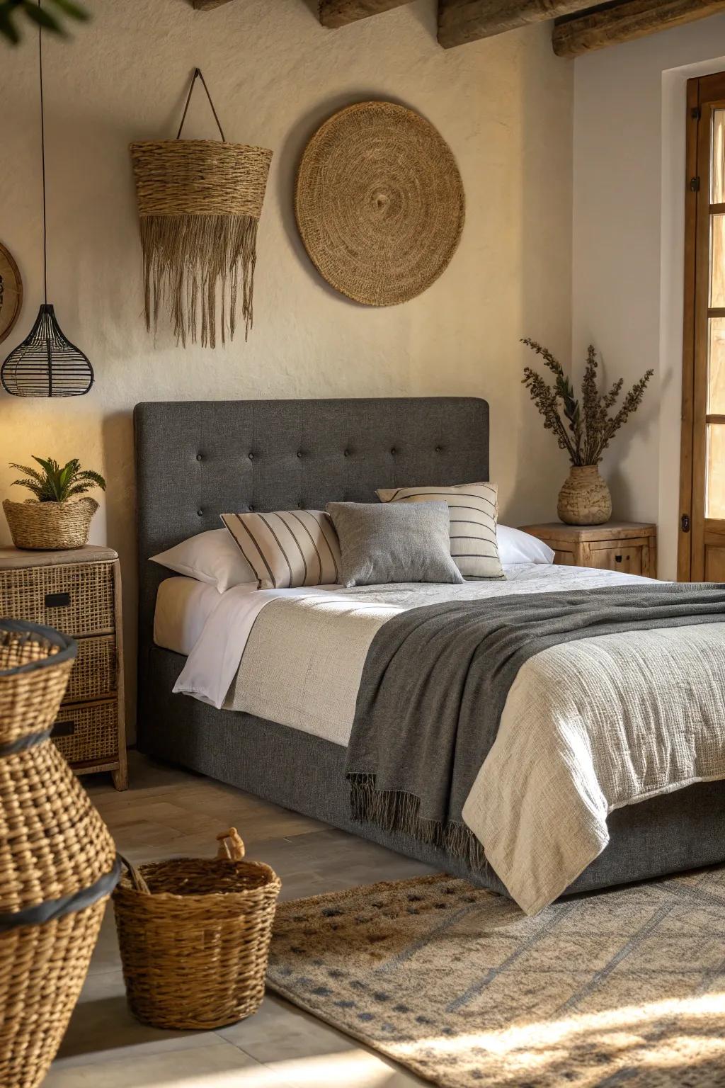 Natural textures harmonize beautifully with a charcoal grey headboard.