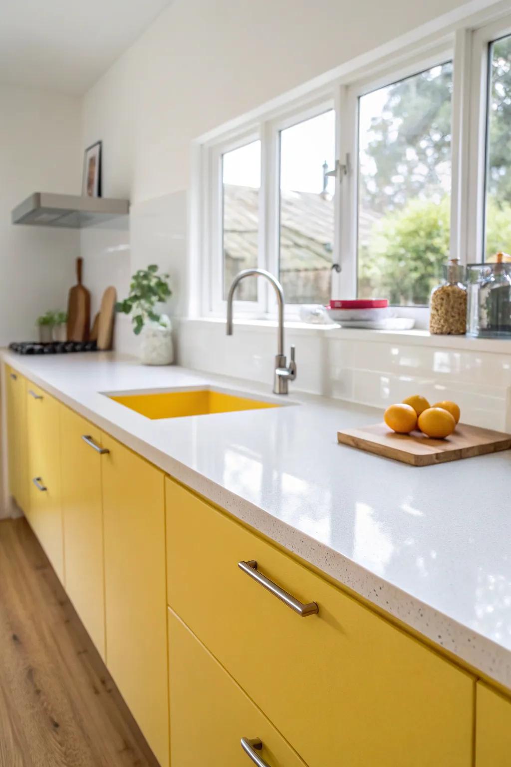 Modern kitchen with smooth lucite countertops.