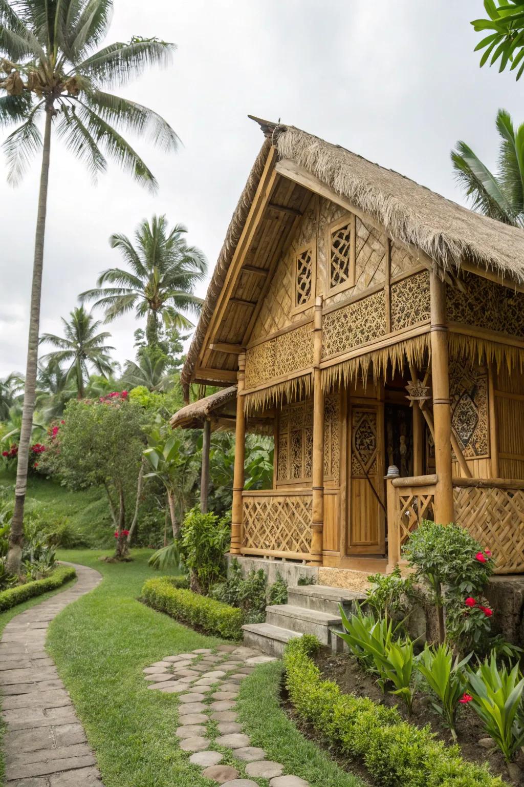 An elegant cane house blending sustainability with natural beauty.