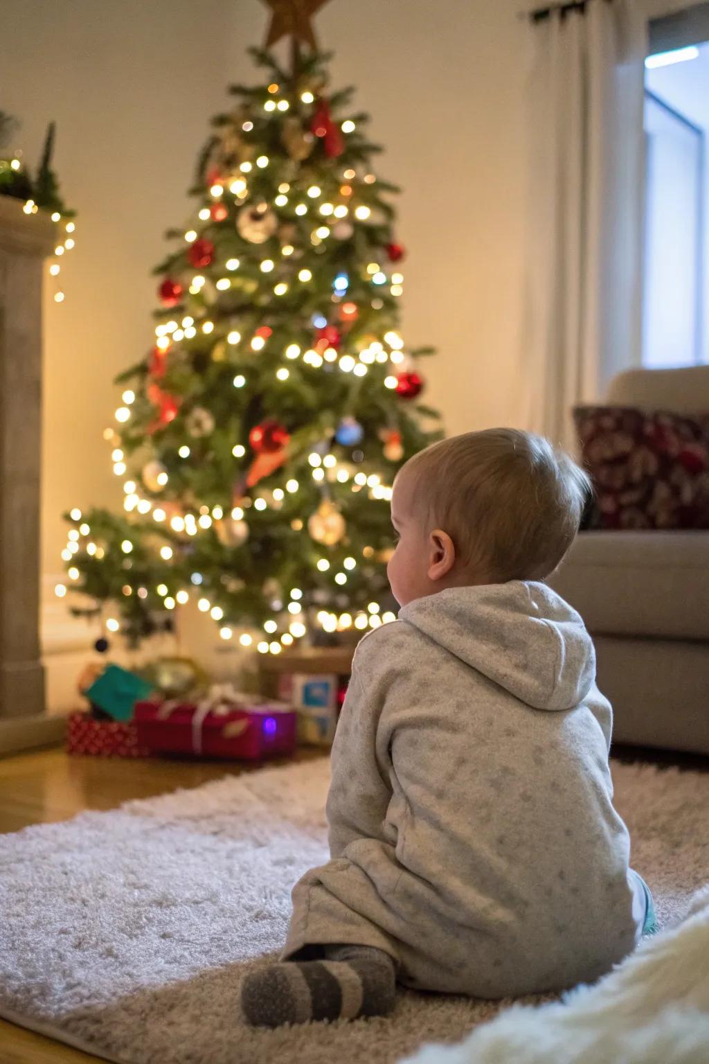 A quiet instant of wonder beneath the Christmas fir illumination.
