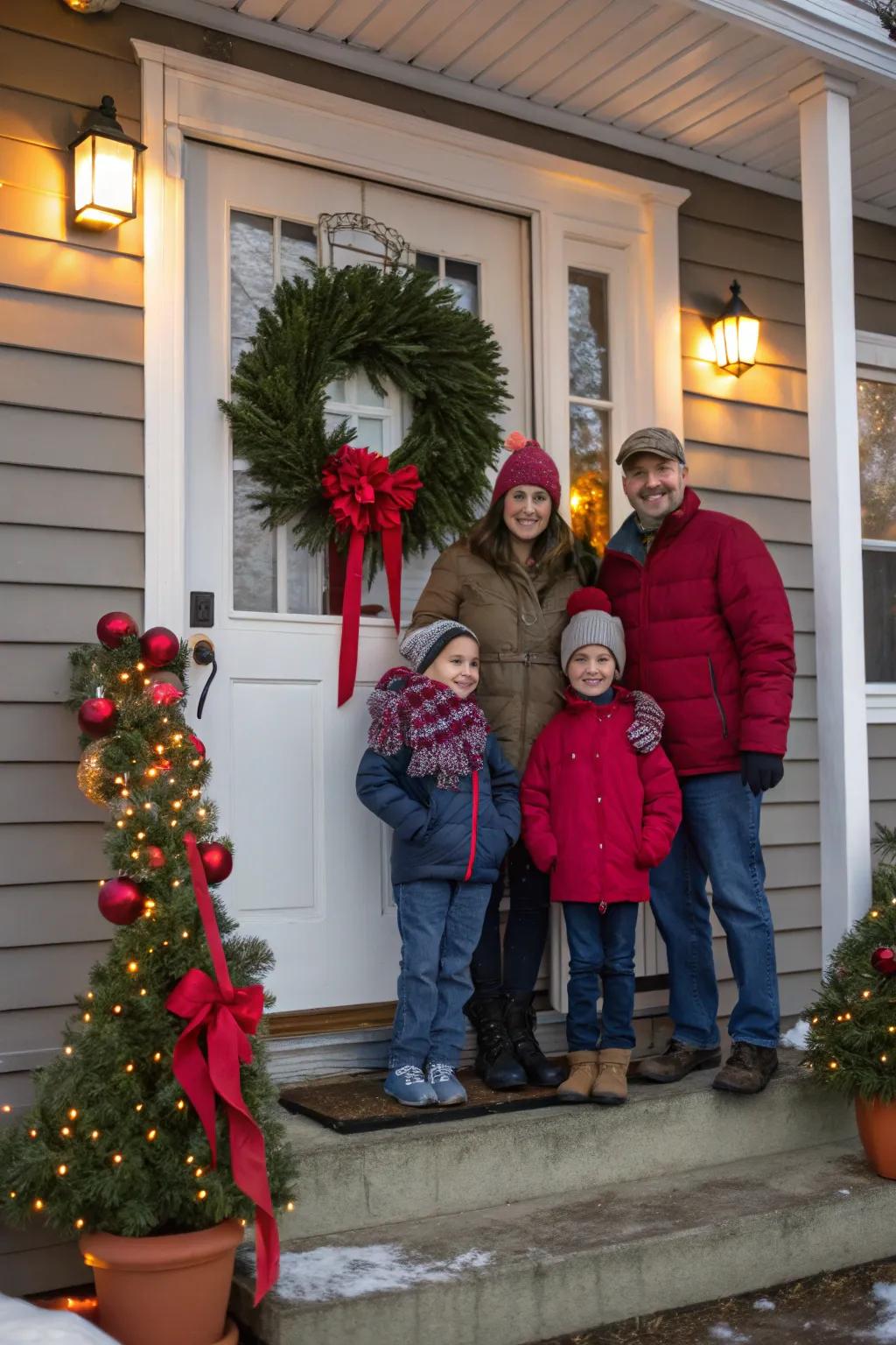 A festive doorstep prepares the scene for a holiday portrait.