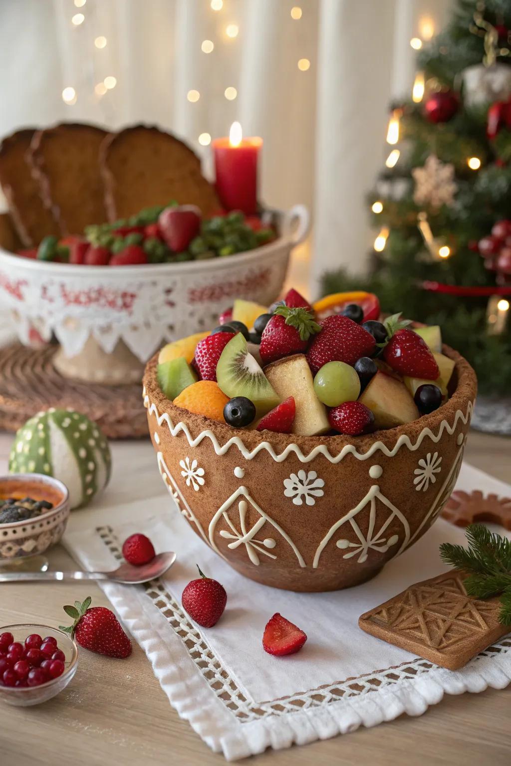 A festive gingerbread bowl filled with fresh fruits.