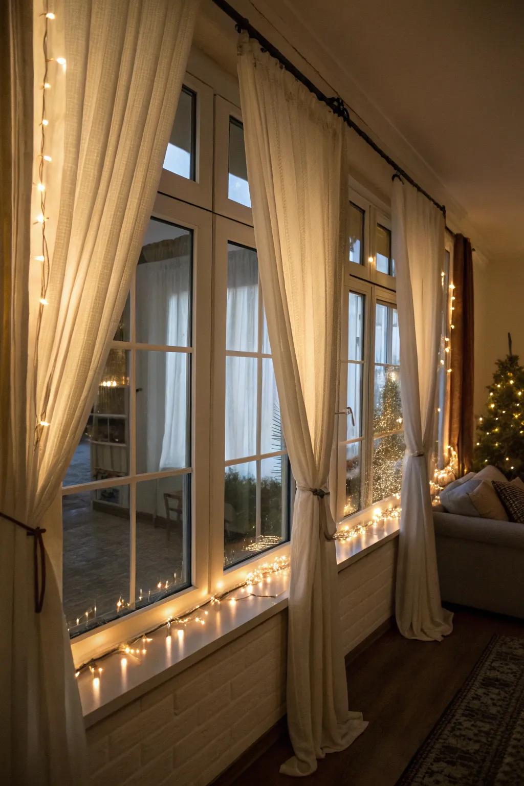 Light-up curtain tie-backs impart an elegant, understated radiance.