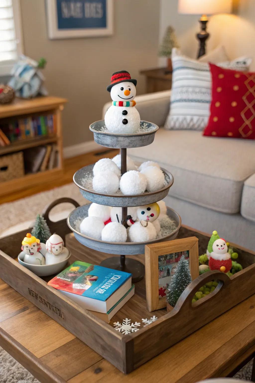 A cheerful snow buddy get-together on a multi-level display.