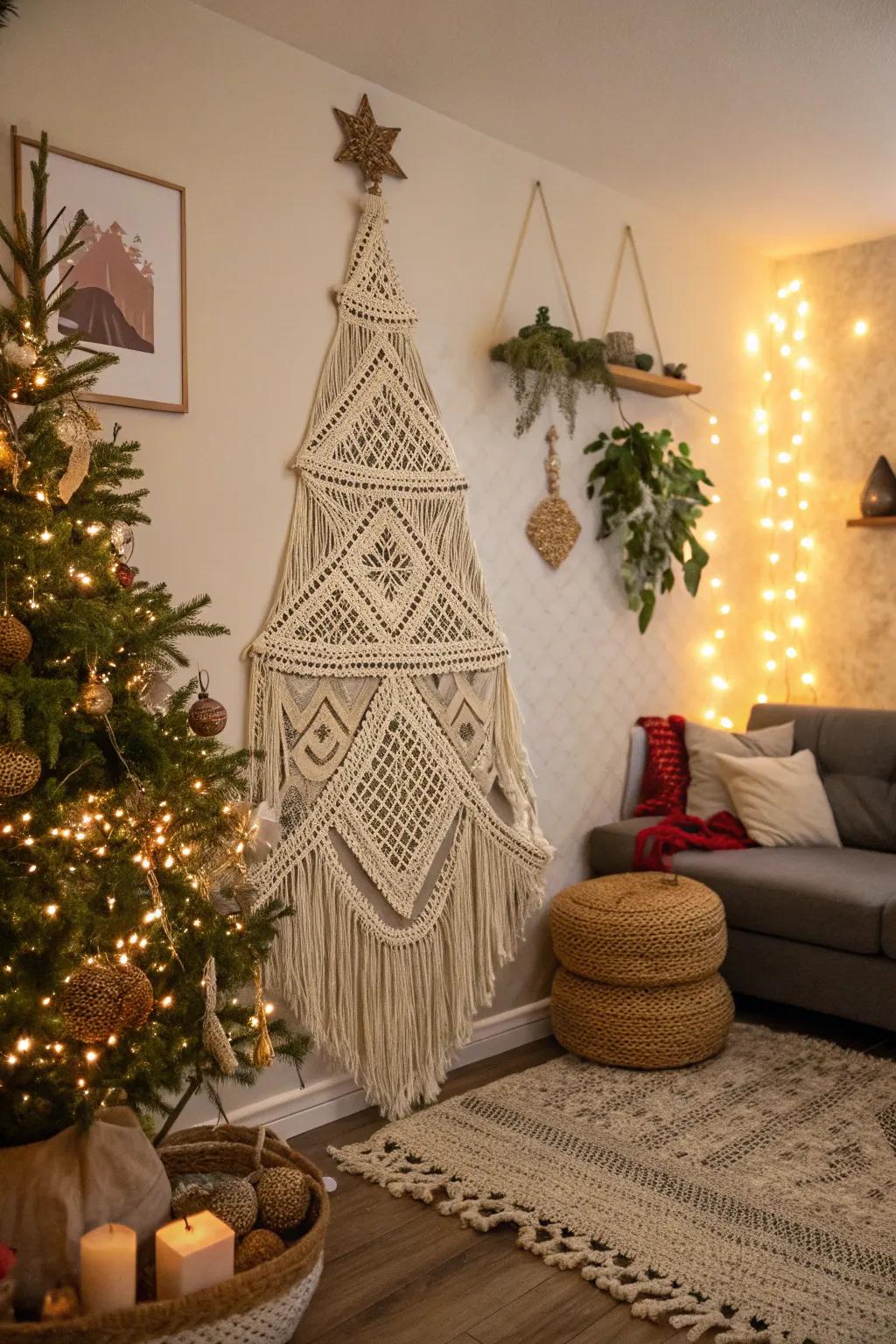 A fashionable macramé Christmas conifer injecting bohemian-chic charm.
