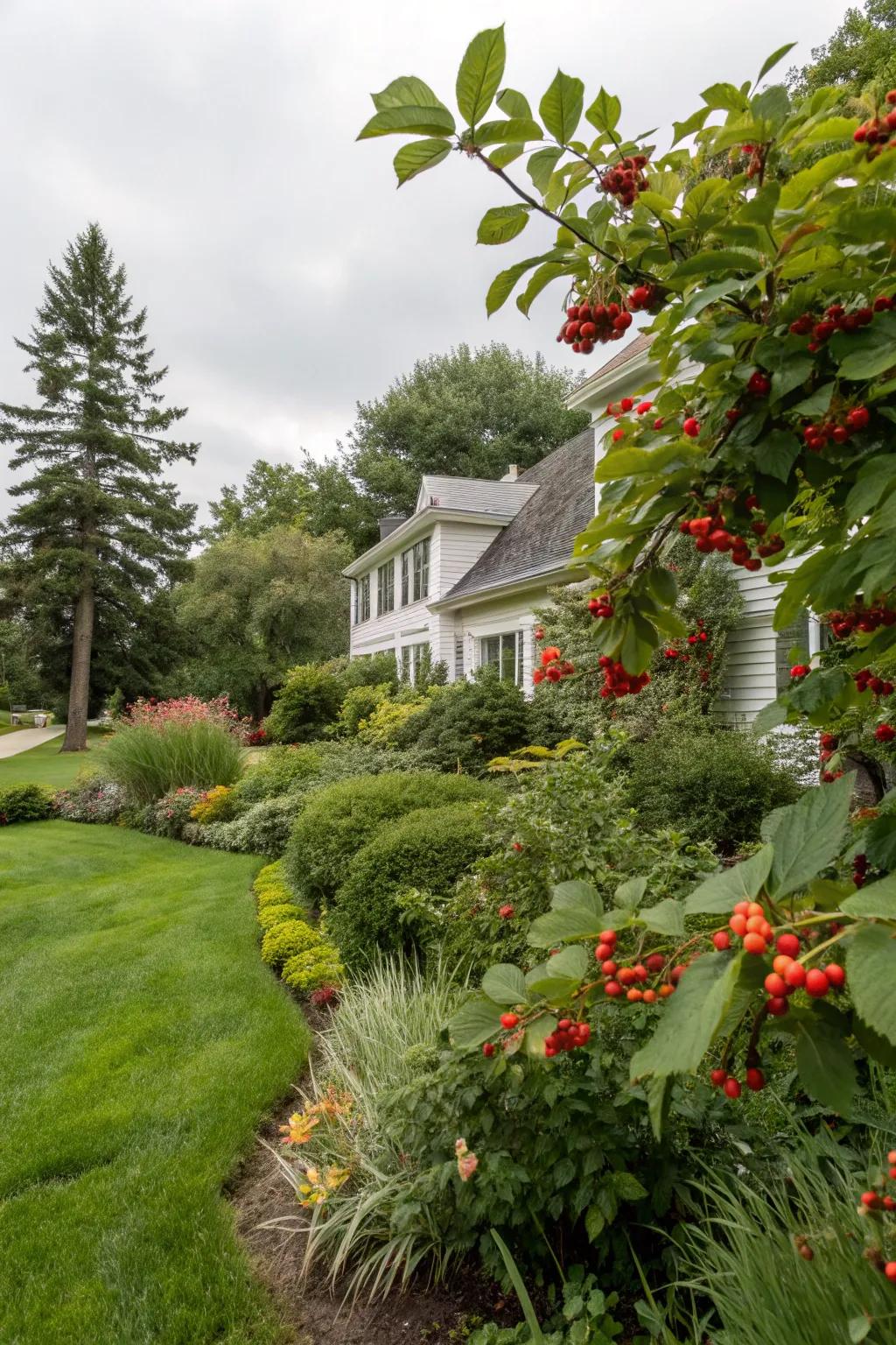 A garden featuring lush foliage and berry accents.