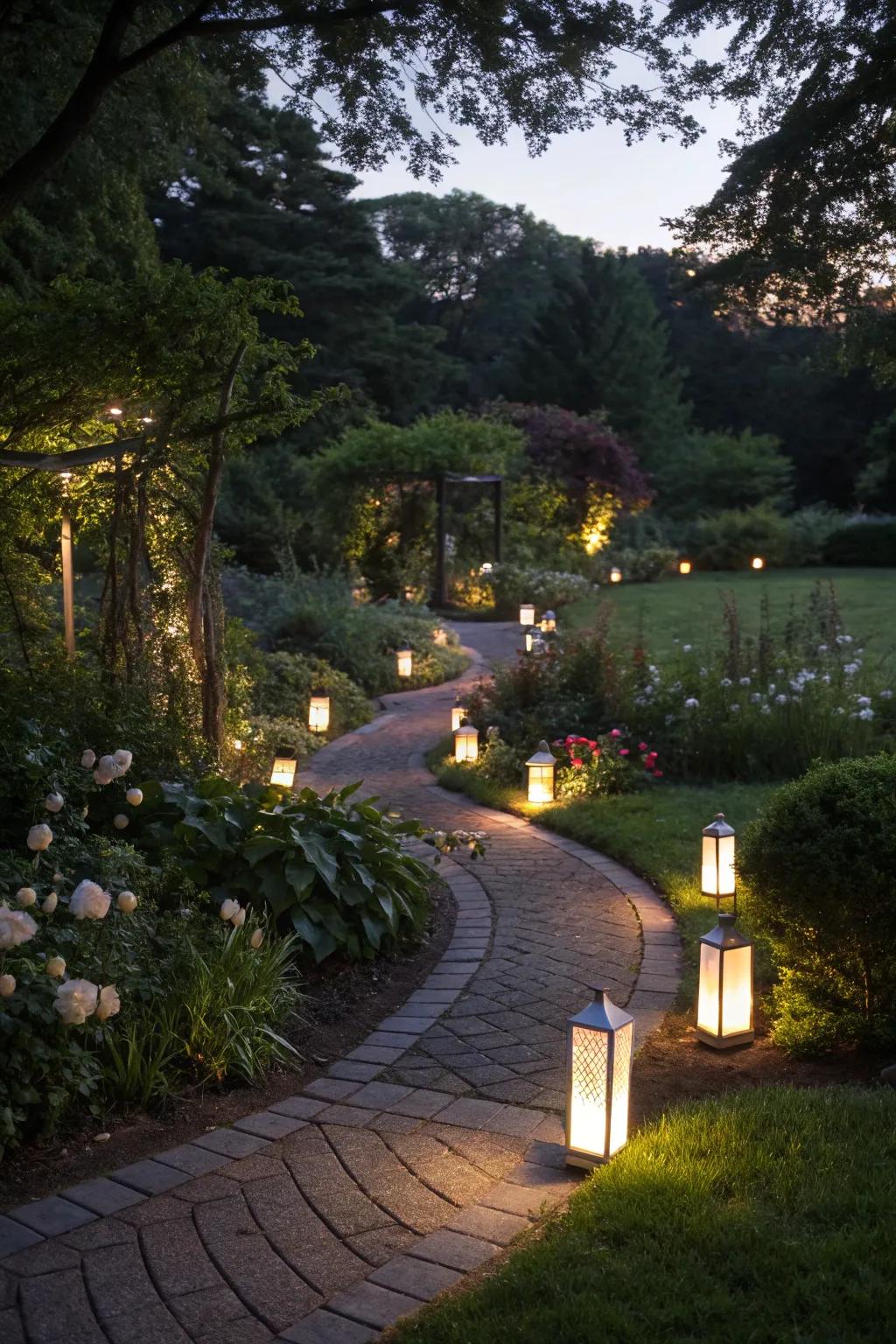Elegant garden path candlelights.