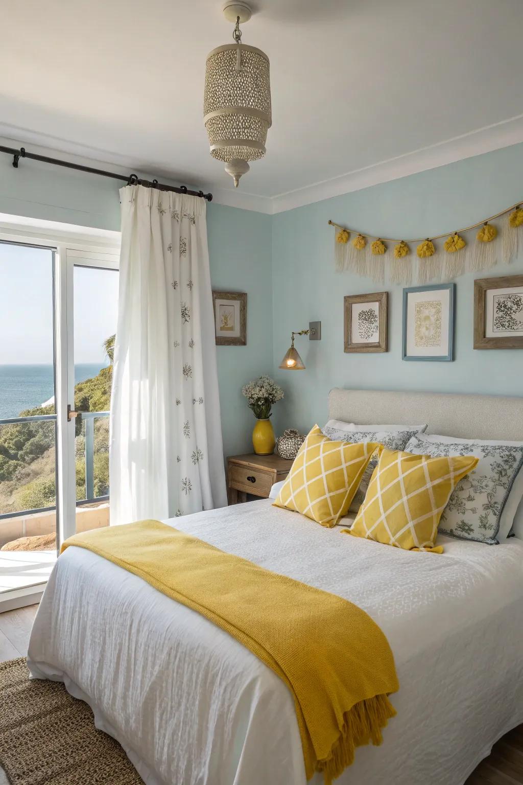 Yellow accents introduce a sunny, cheerful element to coastal decor.