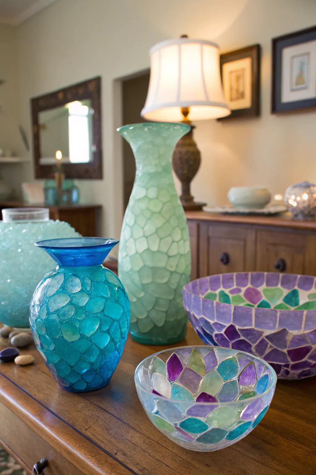 Seaglass elements adding whimsy and color.