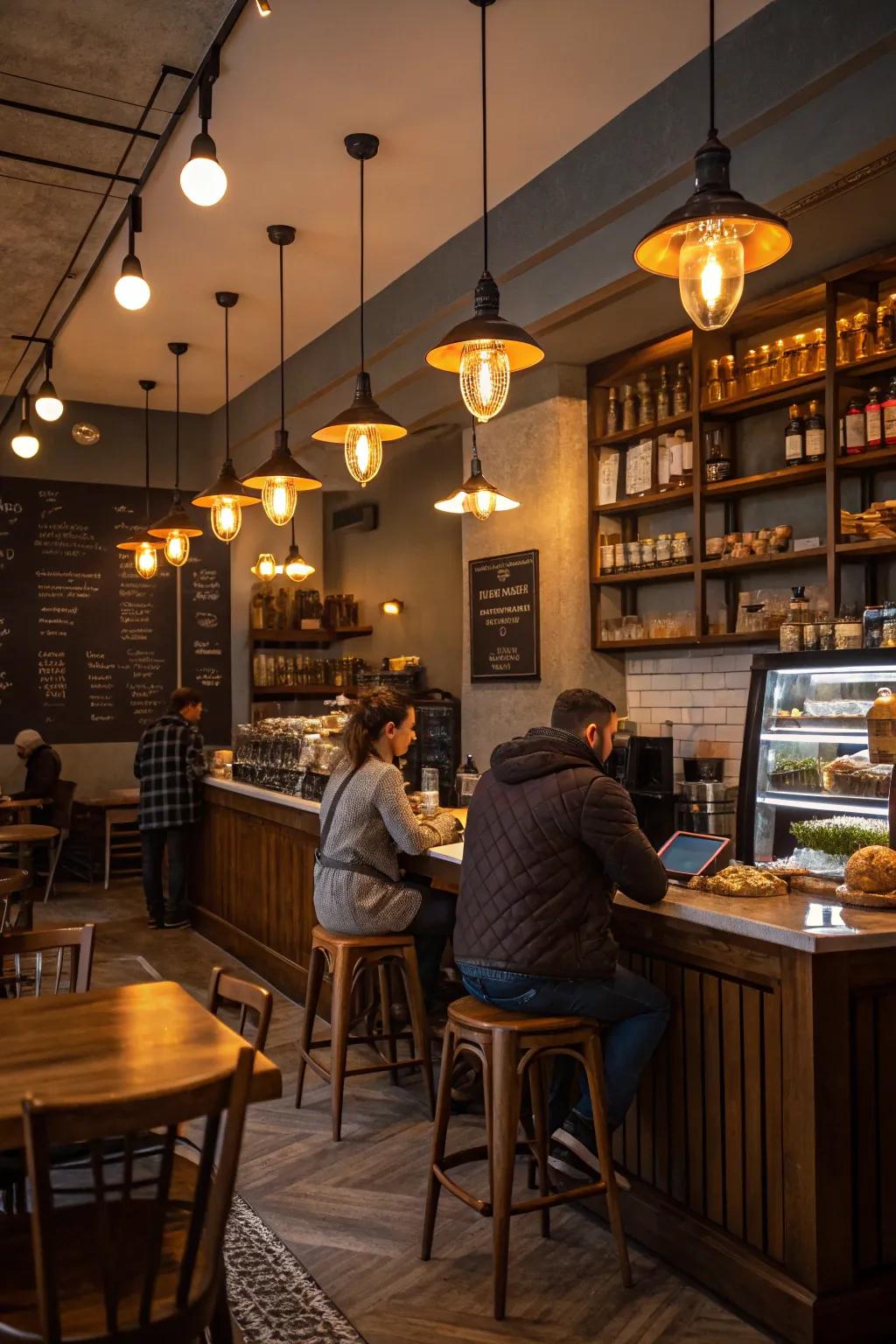 Pendant luminaires fashion a cozy coffee bar ambiance.