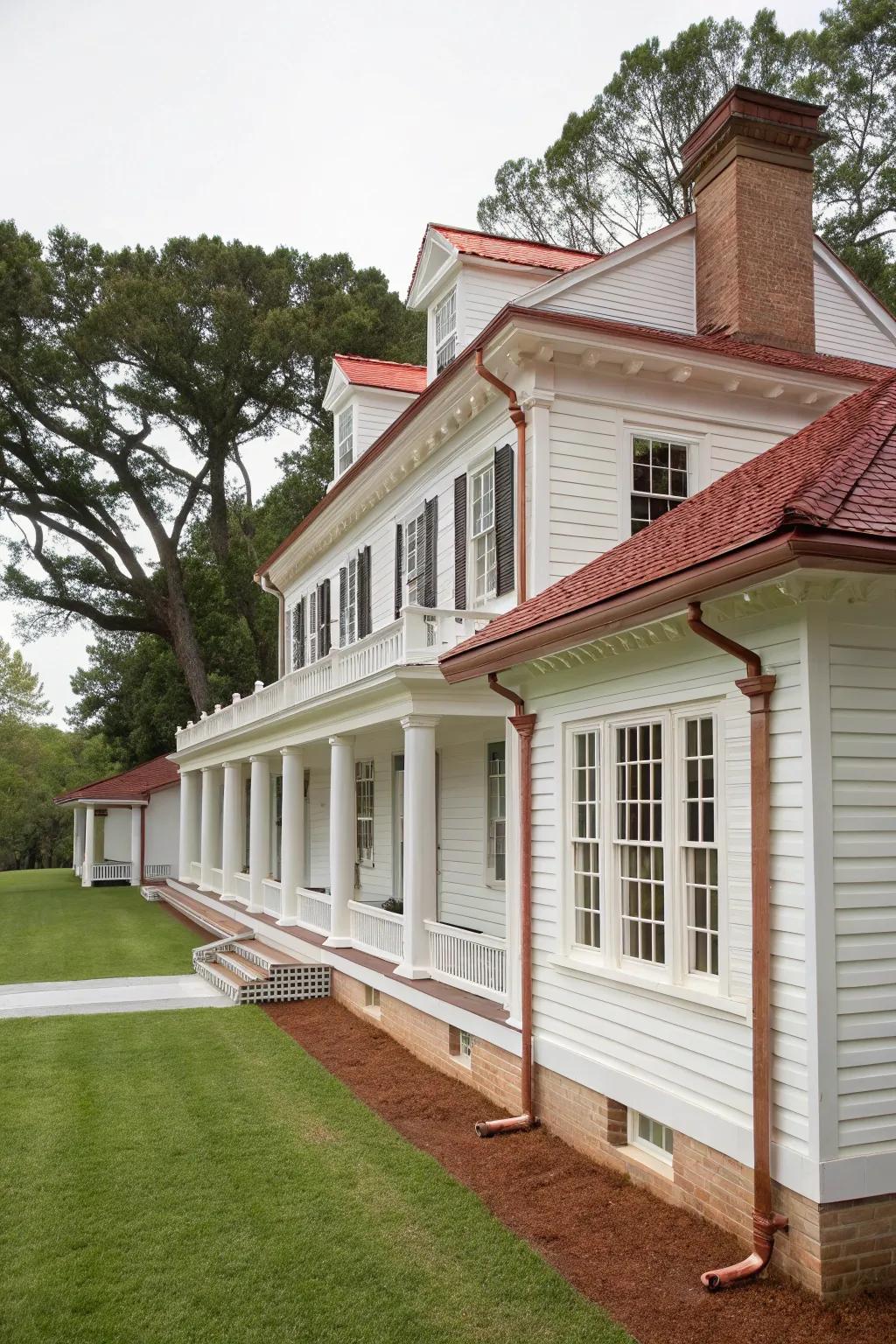 Colonial-style home with bronze gutters.
