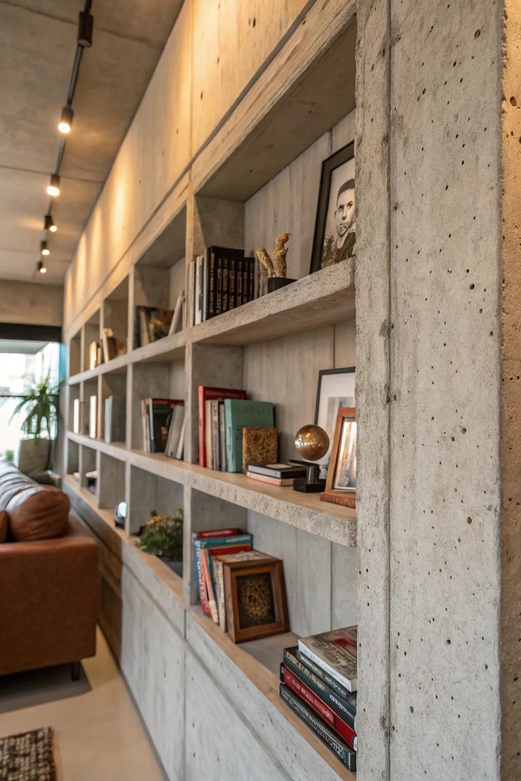 Built-in racks give creative storage solutions on concrete walls.