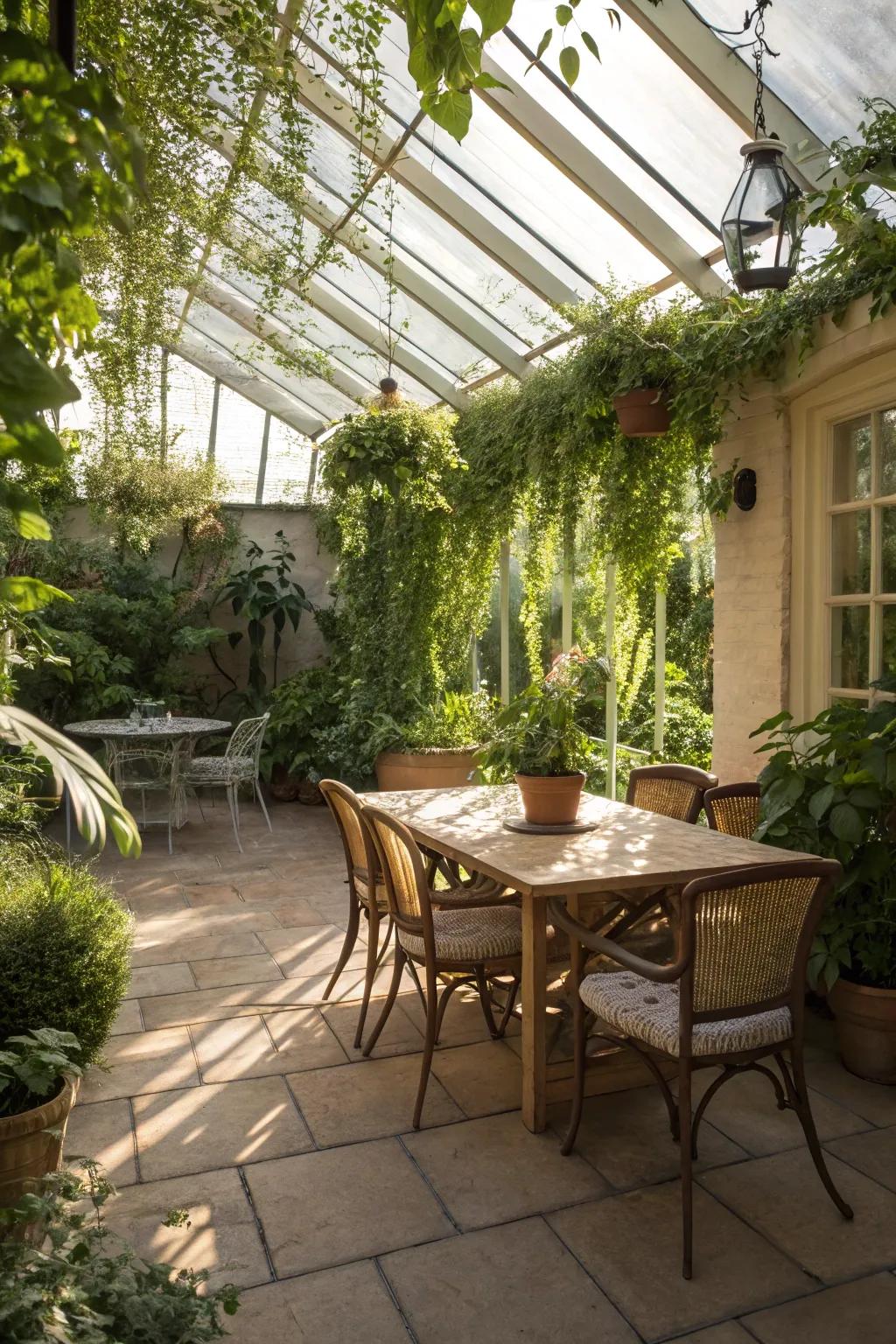 A dining sanctuary in a sunroom, perfect for meals boasting a panorama.