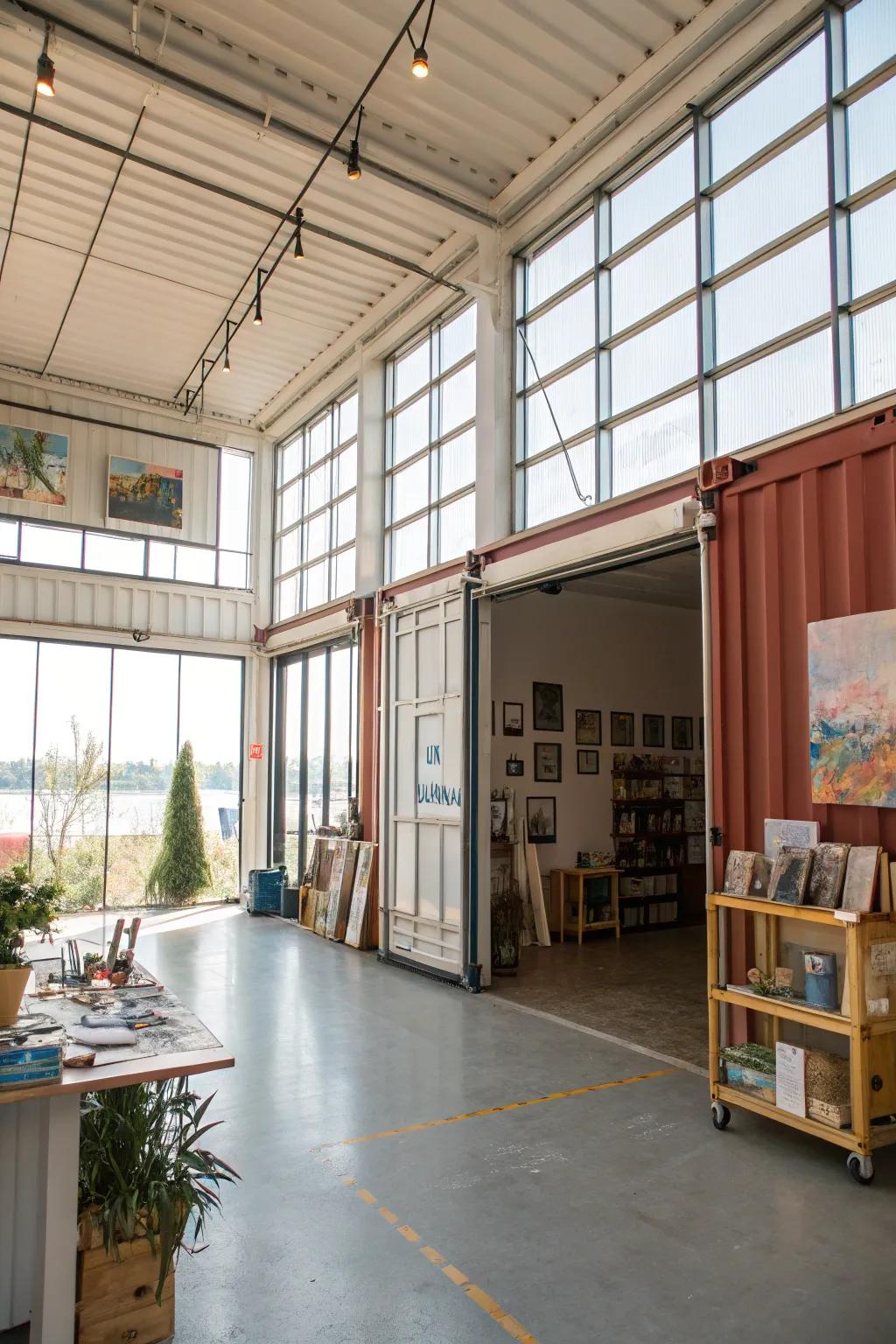 A shipping container transformed into a bright and inspiring artistic workspace.